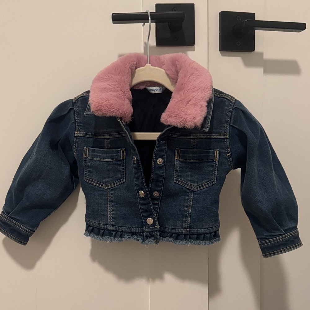 Mayoral Denim Jacket with Pink Faux Fur Collar